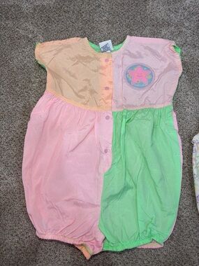 Vintage Oshkosh Baby Girls Bubble Romper Color Block Pastel Star Outfit USA 24 m